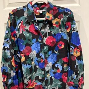 Chico’s Women’s Black Blouse w Red and Blue Vibrant Floral Design